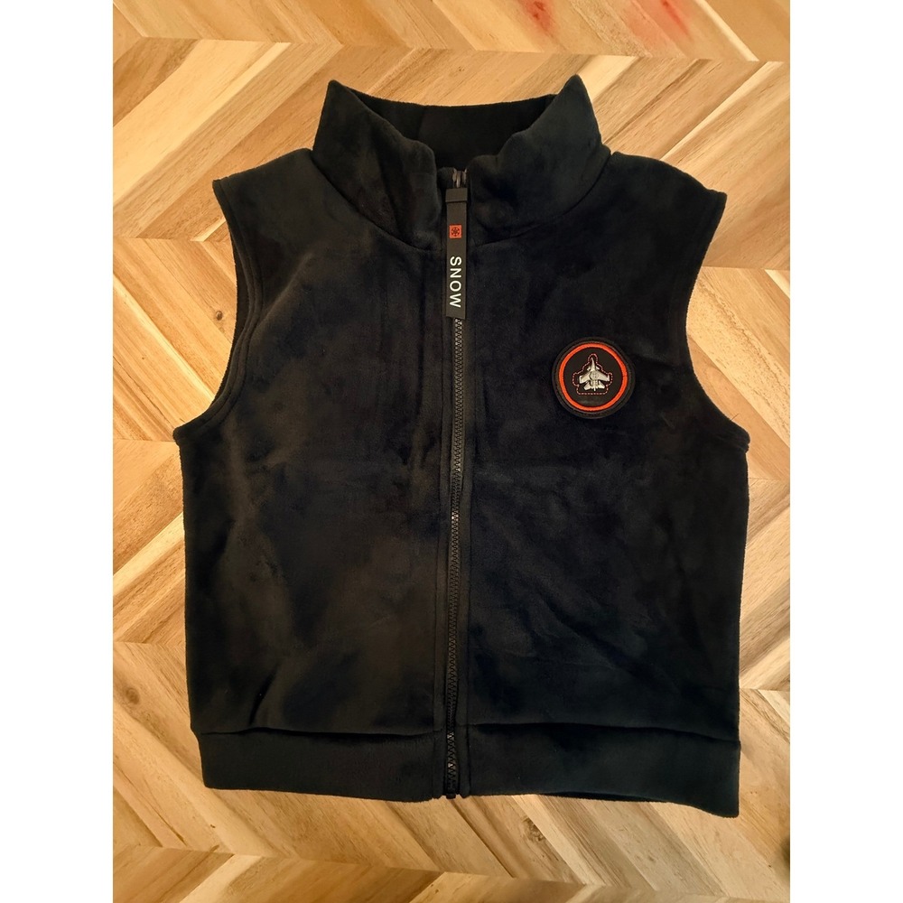 Boys 10-12  Black‎ Fleece Zip Up Vest Fighter Jet Patch Mock Neck